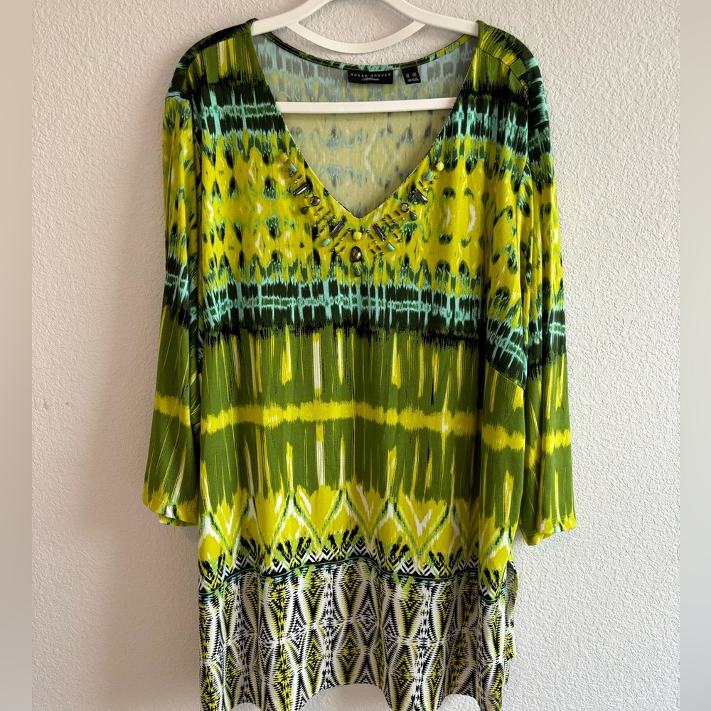 Susan Graver Artisan Beaded 3/4 sleeve Green Tunic Top Blouse with Pattern 3X